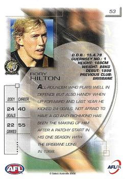 2002 Select AFL Exclusive #53 Rory Hilton Back